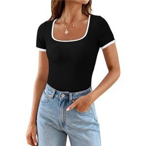 Short Sleeve T Shirts Ribbed Knit Square Neck Color Block Slim Fitted For Women